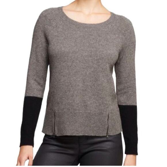 EILEEN FISHER Merino Wool + Yak Gray Black Colorblock Crew Neck Sweater - Picture 1 of 8